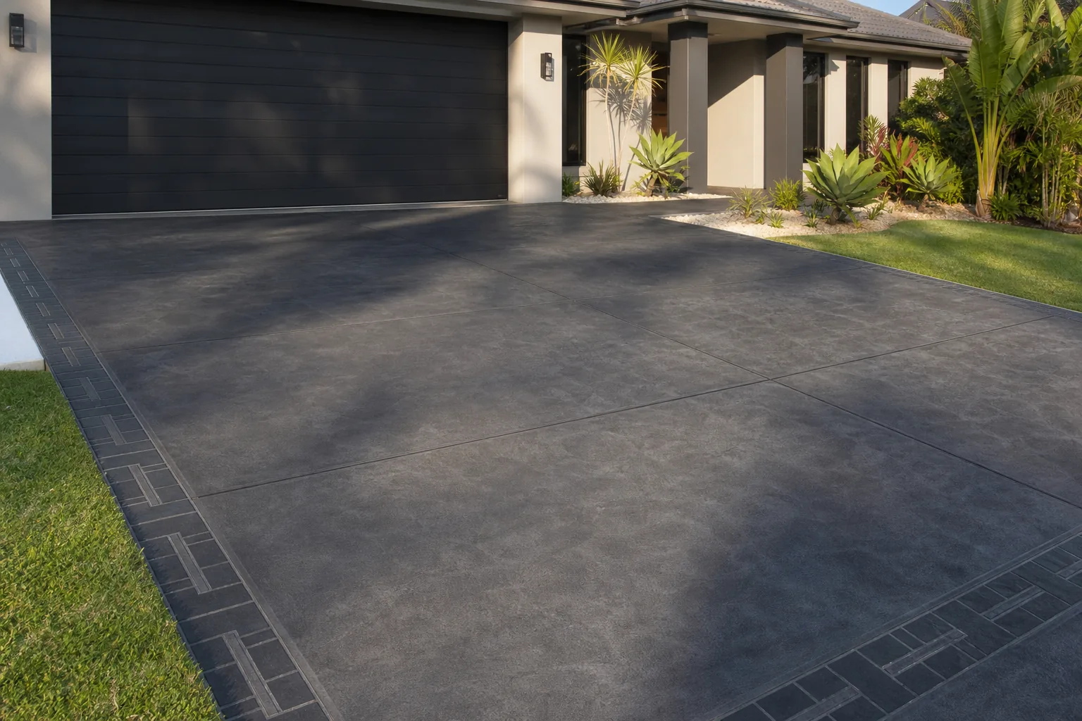 Charcoal coloured and stencilled concrete driveway at a Gold Coast home