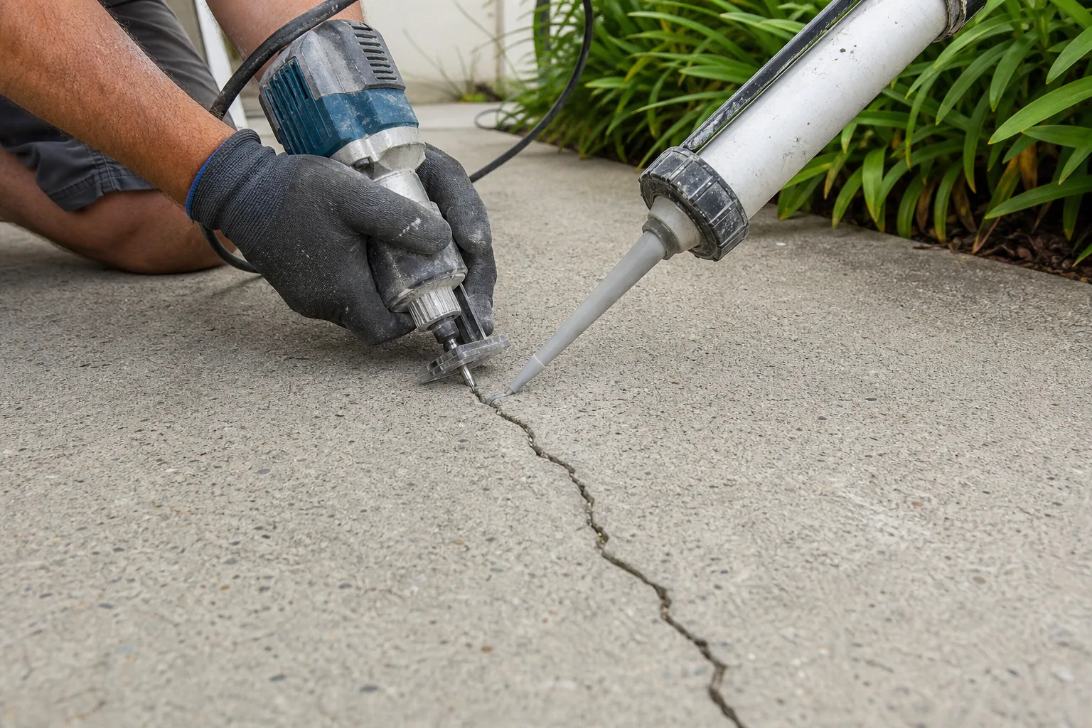 Close view of professional concrete crack repair on a Gold Coast driveway