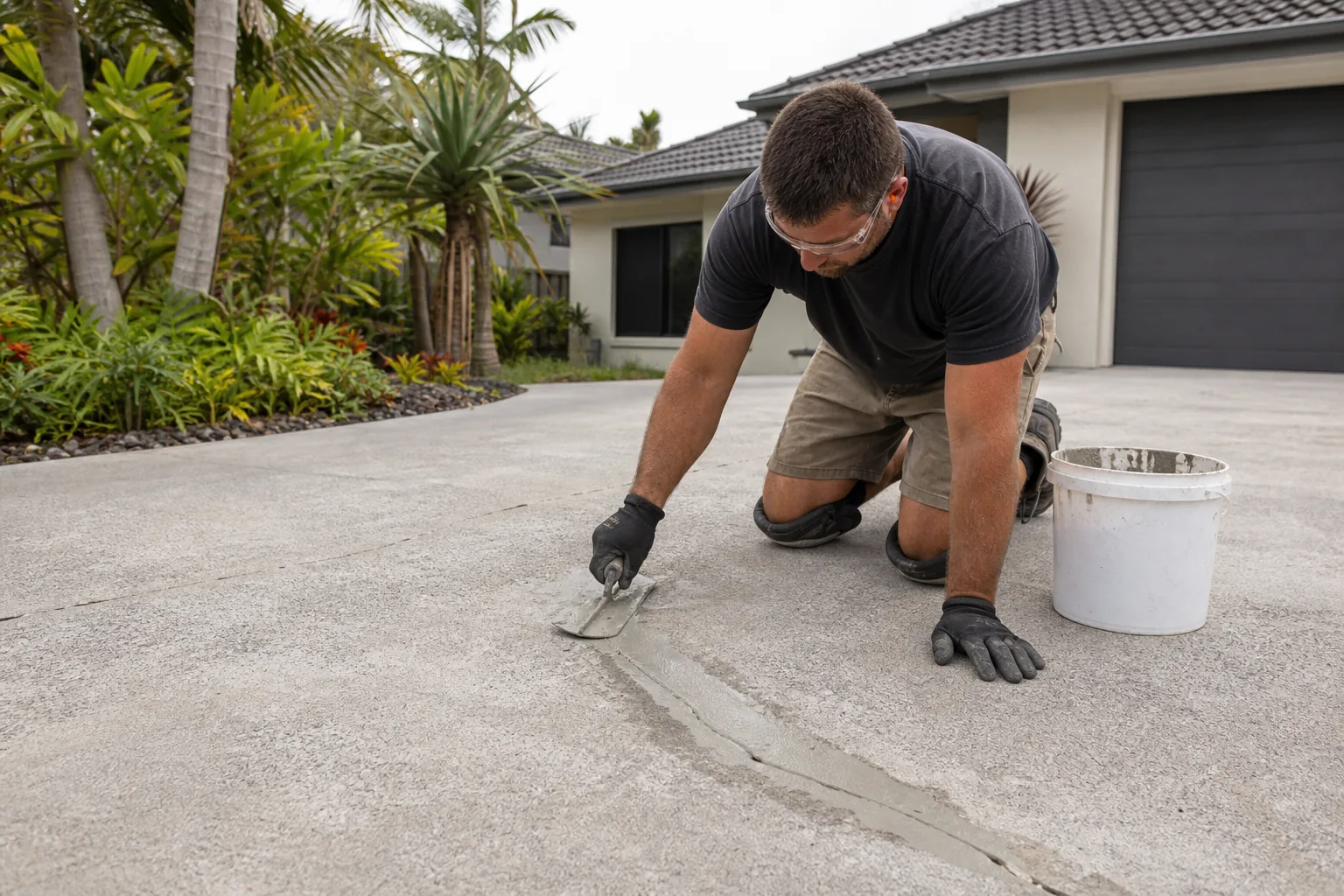 Concreter repairing a crack in a residential Gold Coast driveway