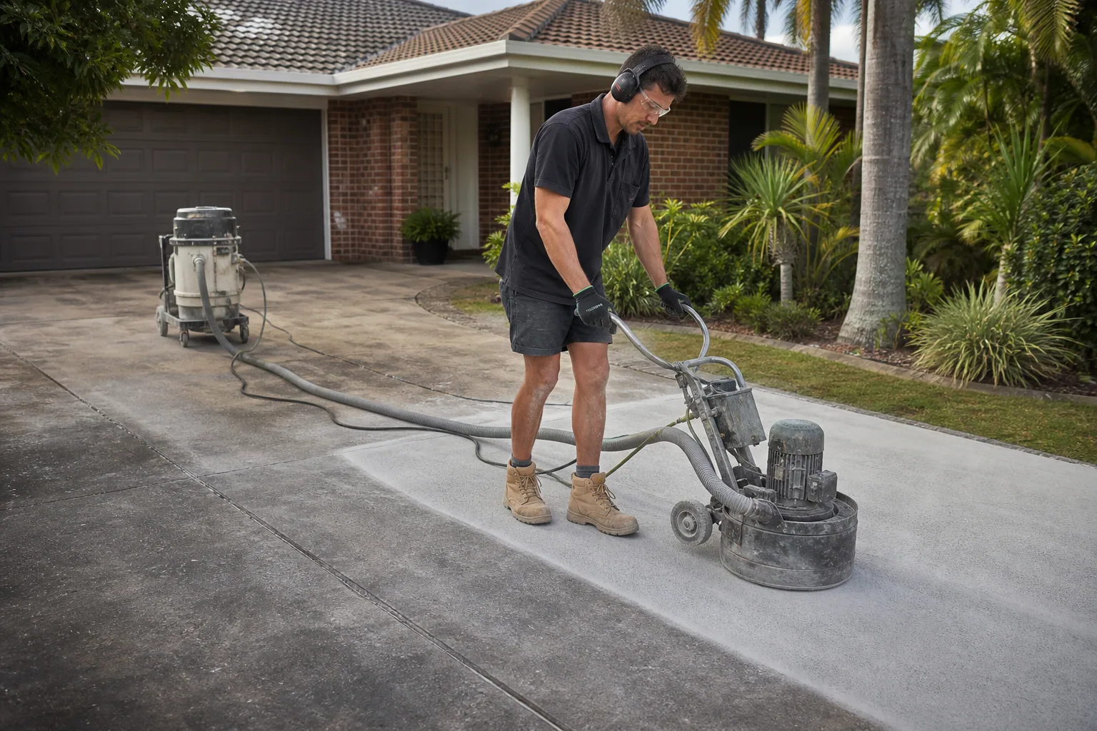 Concreter preparing a Gold Coast driveway for resurfacing with a dust-controlled grinder