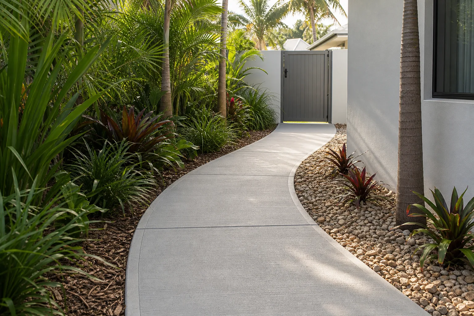 Broom-finished concrete pathway through a subtropical Gold Coast garden