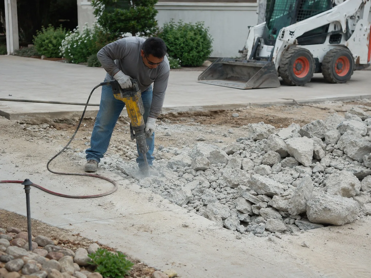 Worker breaking up an old concrete driveway with a jackhammer beside a rubble pile