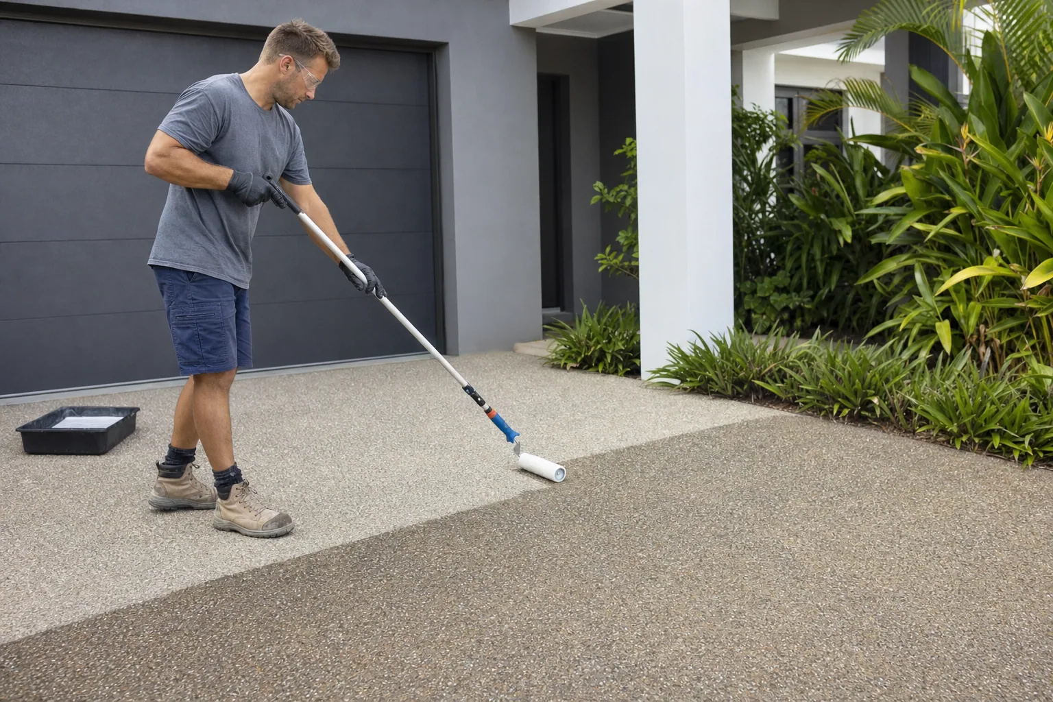 Concreter applying sealer to an exposed aggregate Gold Coast driveway