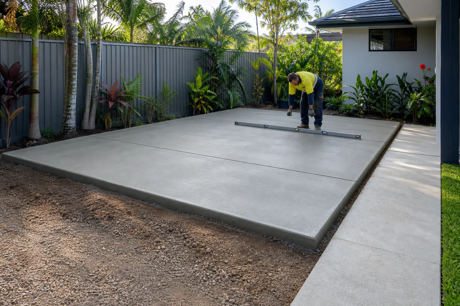 Concreter checking a finished shed slab at a Gold Coast property