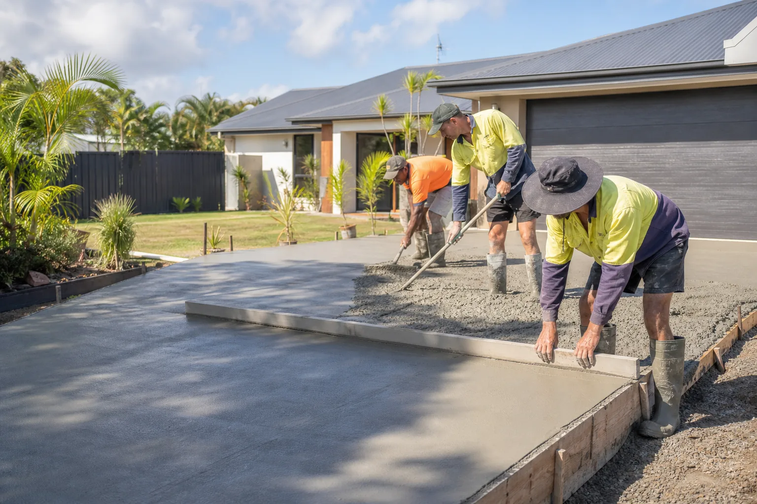 Gold Coast concreters screeding a newly poured residential driveway