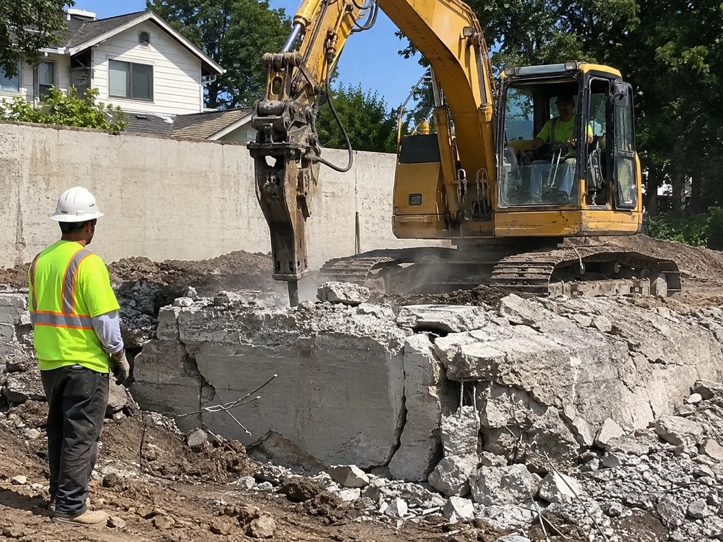 Excavator with a hydraulic breaker demolishing a reinforced concrete wall while a worker watches on