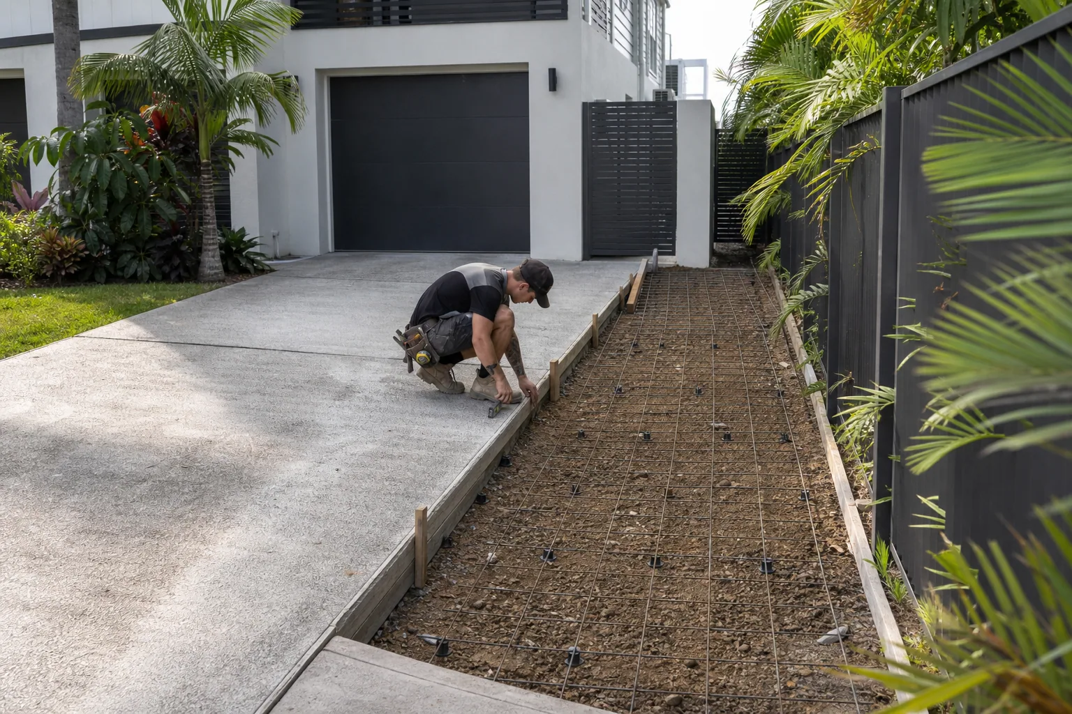 Concreter preparing a reinforced driveway extension beside existing concrete