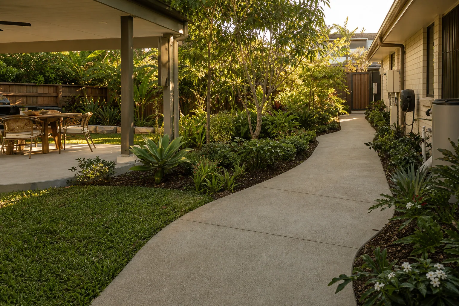 Concrete pathway linking outdoor living and side access at a Gold Coast home