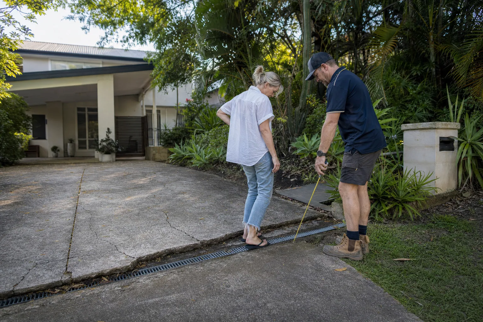 Gold Coast concreter and homeowner assessing an ageing driveway and drainage