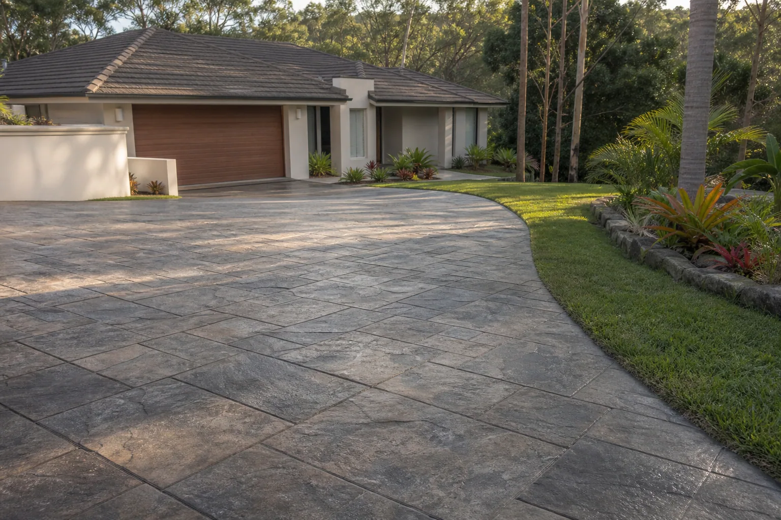 Natural-stone stamped concrete driveway at a Gold Coast hinterland home